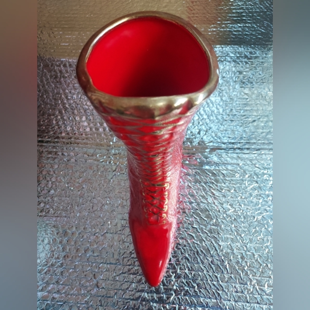 Victorian Boots Red and Gold Decorative Vase 9" Tall